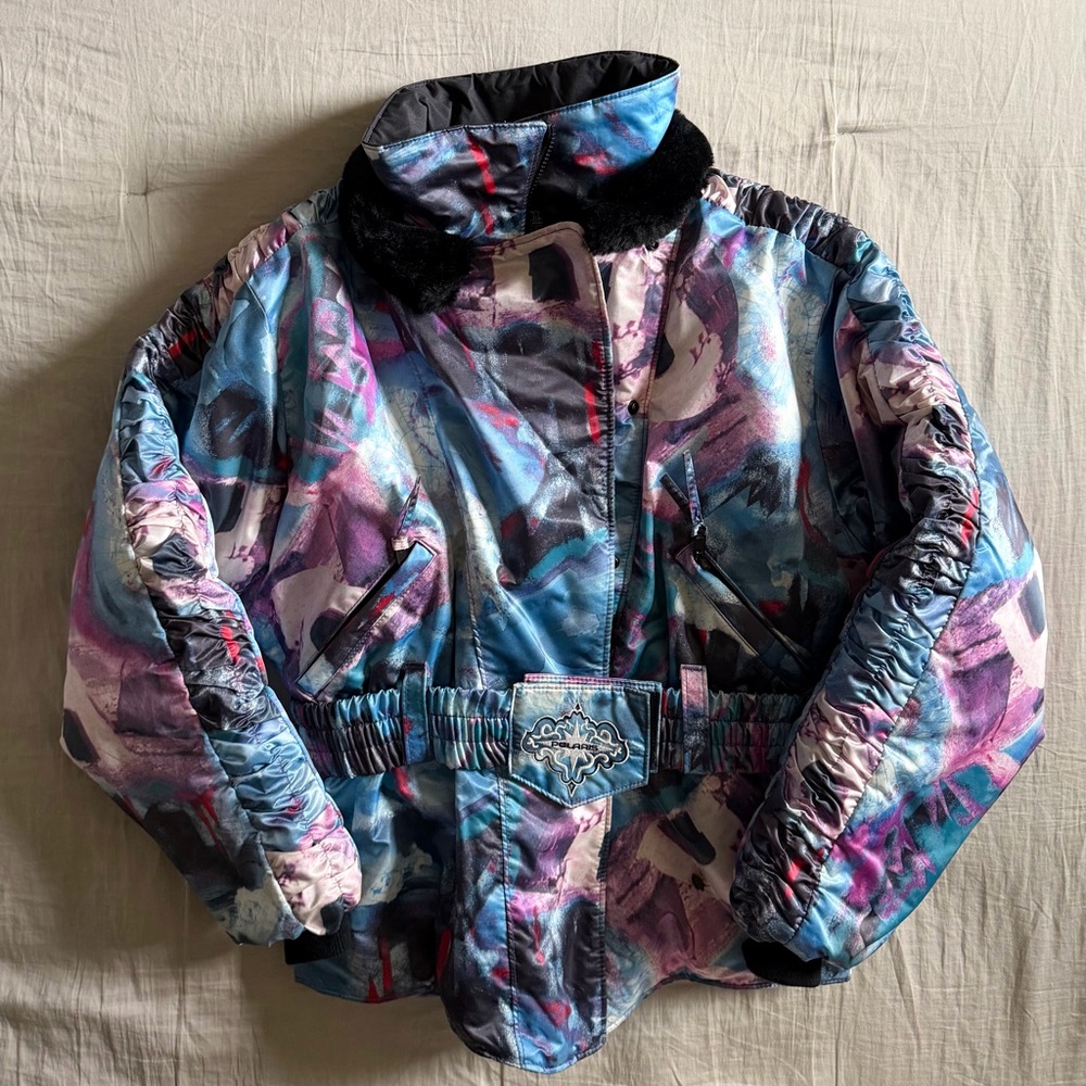 Vintage Polaris Snowmobile Puffer‎ Jacket Thermoloft Abstract Map Print